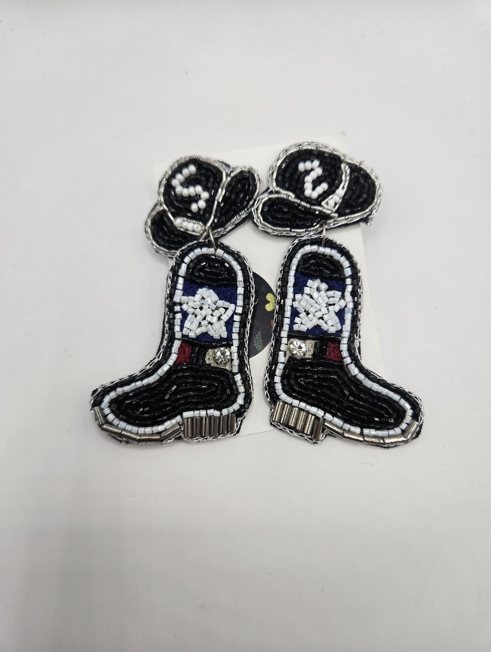 Western Cowboy Boot & Hat Beaded Statement Earrings Black Silver Rodeo